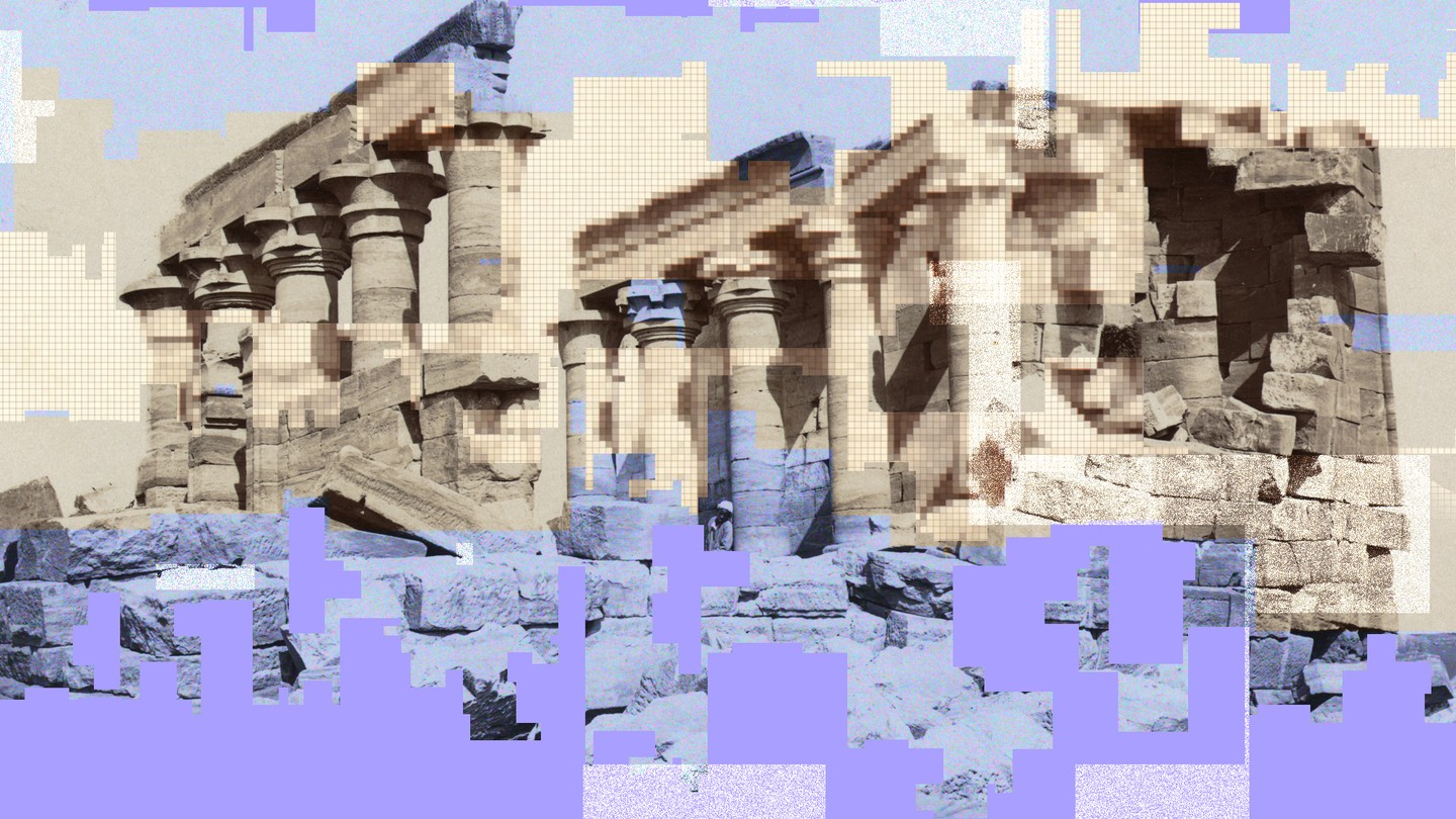 Digital art depicting pixelated ruins