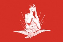 Taylor Swift singing into a microphone above an albatross, both in white, over a bright red background