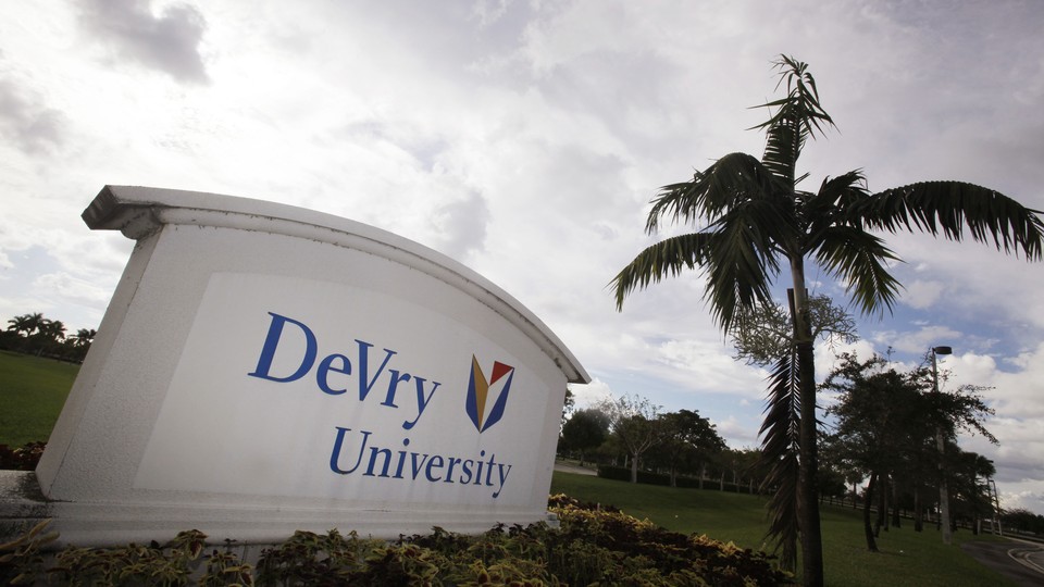 A sign reading "DeVry University" sits next to a palm tree in Florida.