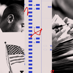 Photo illustration of a voter behind a screen inscribed with the U.S. flag, the edge of a ballot, and a pair of hands leafing through a stack of ballots