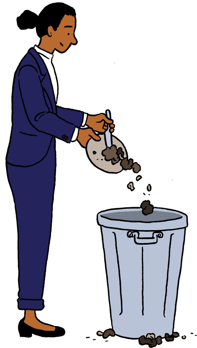 illustration of a woman emptying her plate into a trash can
