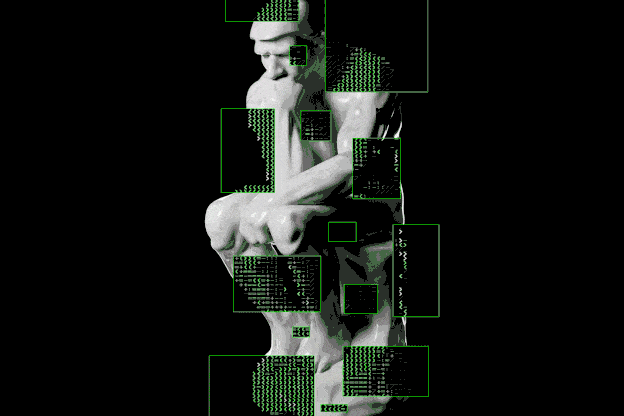 A rotating statue in the position of a man thinking