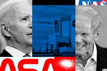 An illustration featuring President Joe Biden, former Senator Bill Nelson, and two NASA logos