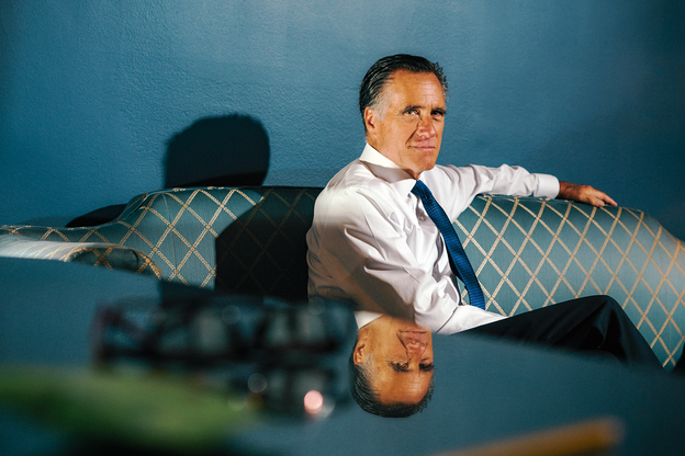 A photograph of Mitt Romney in his senate office.