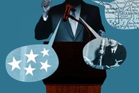 On a deep cerulean background a person in a suit stands behind a podium with a red microphone. Their hand is raised and speech bubbles come from are visible. One has five white stars, one has a person sitting behind a mic and another has a map of Washington D.C.
