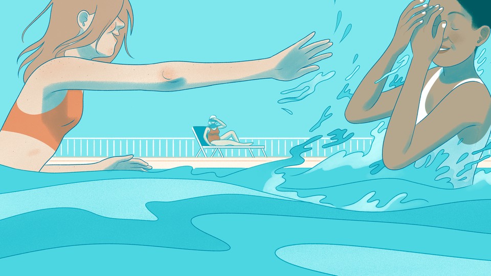 An illustration of a girl splashing her friend in the pool, while her mother watches on.