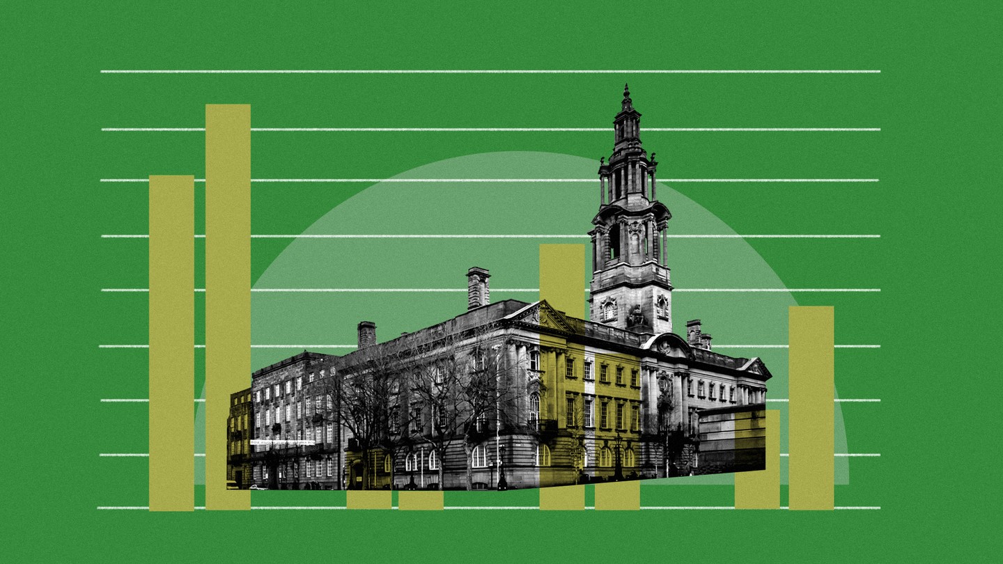 a photo of Preston, England, superimposed on a green background with a yellow bar chart