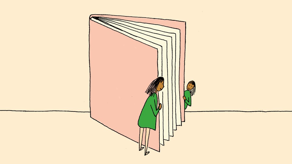 An illustration of an older girl looking across a giant book at her younger self