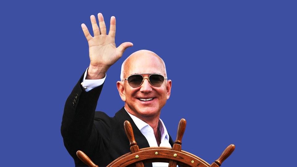 Jeff Bezos waving in front of a boat steering wheel