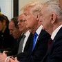 President Donald Trump sits with his delegation, including National Security Advisor H.R. McMaster and Secretary of Defense James Mattis during a meeting at the EU.
