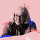 A black-and-white image of Cynthia Ozick against a pink background, with decorative squiggles