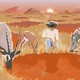 An illustration of a person, a zebra, an ostrich, and antelope standing around a fairy circle