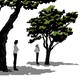 A man considering a tree while a woman stands a bit away from him