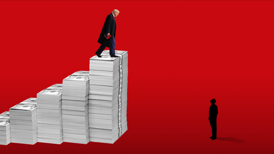 An illustration of Donald Trump standing atop the largest in a sequence of money piles, looking down at a man in silhouette.