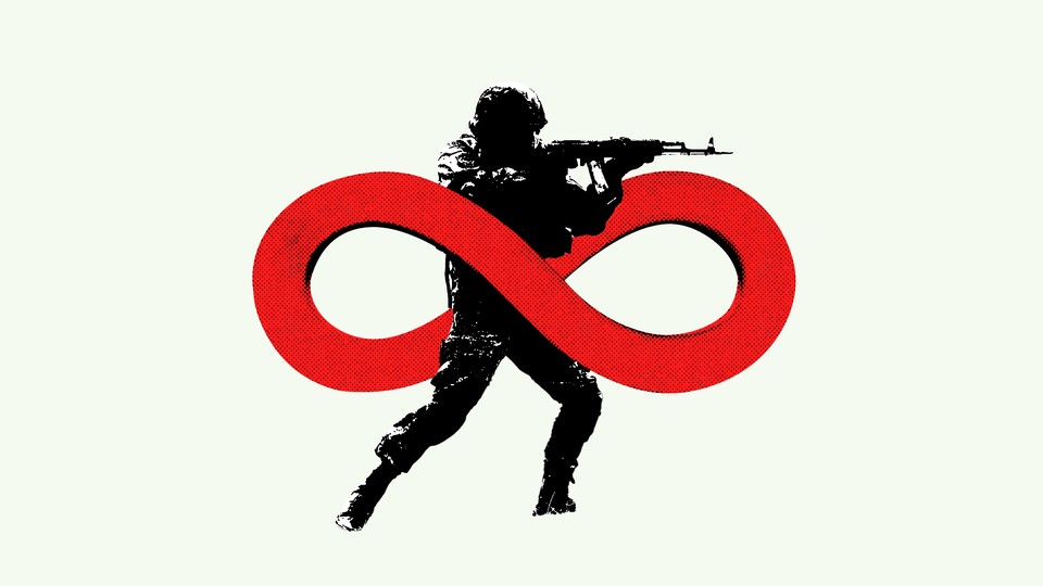A soldier fires a gun and is covered in the infinity symbol