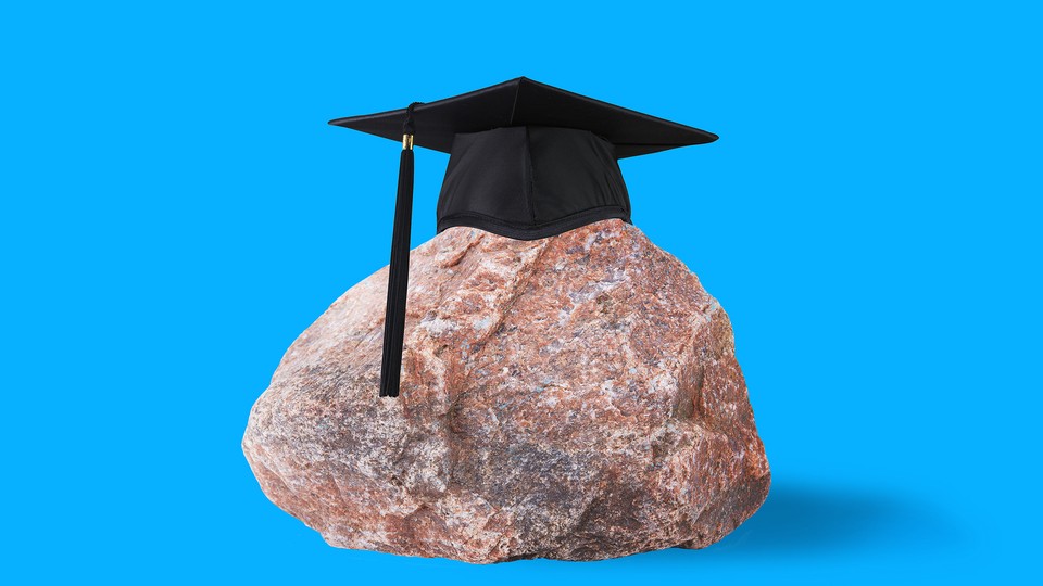 An illustration of a rock wearing a graduation cap