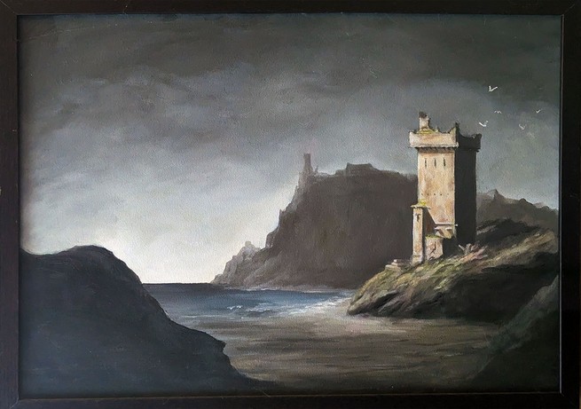 A painting of a tower amid waves