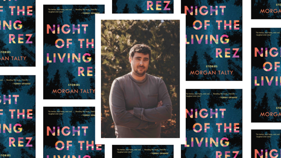 photograph of Morgan Talty, author of Night of the Living Rez, centered in a tiled grid of dark blue book covers