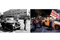 Left: National Guardsmen on a street in Chicago on April 6, 1968, two days after the assassination of Martin Luther King Jr. Right: Protesters gather around a National Guard vehicle on a street in Washington, DC on June 2, 2020, just over a week after the killing of George Floyd.