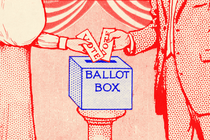 People dressed in an old-fashioned manner putting their vote into a ballot box