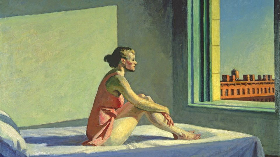 A painting of a woman sitting on a bed looking out the window