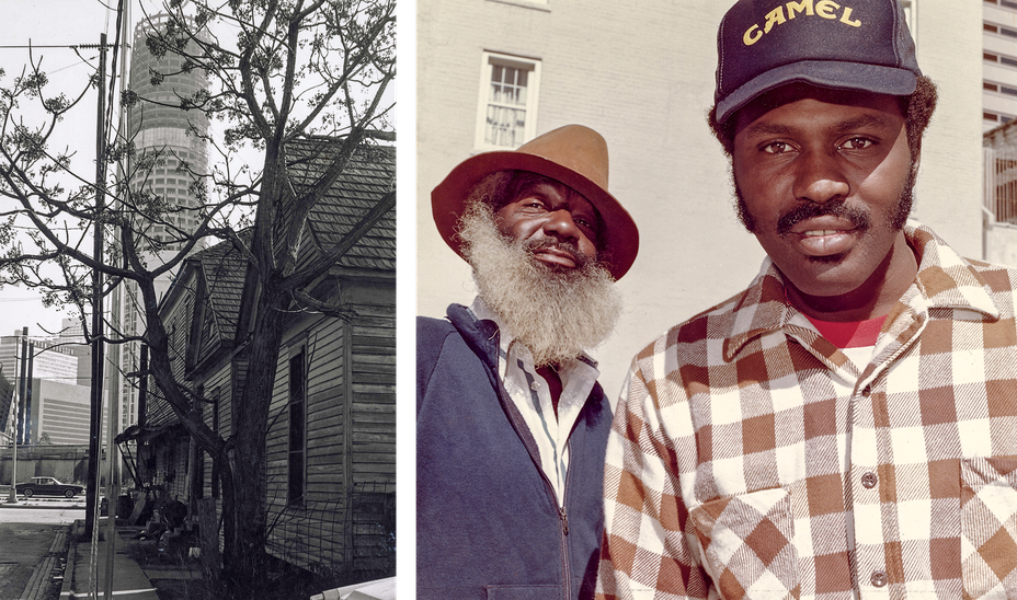 2 photos: black-and-white image of old wood-sided buildings with tree and porches, skyscraper in near background; color image of two men, one bearded in fedora and one with mustache in Camel baseball cap
