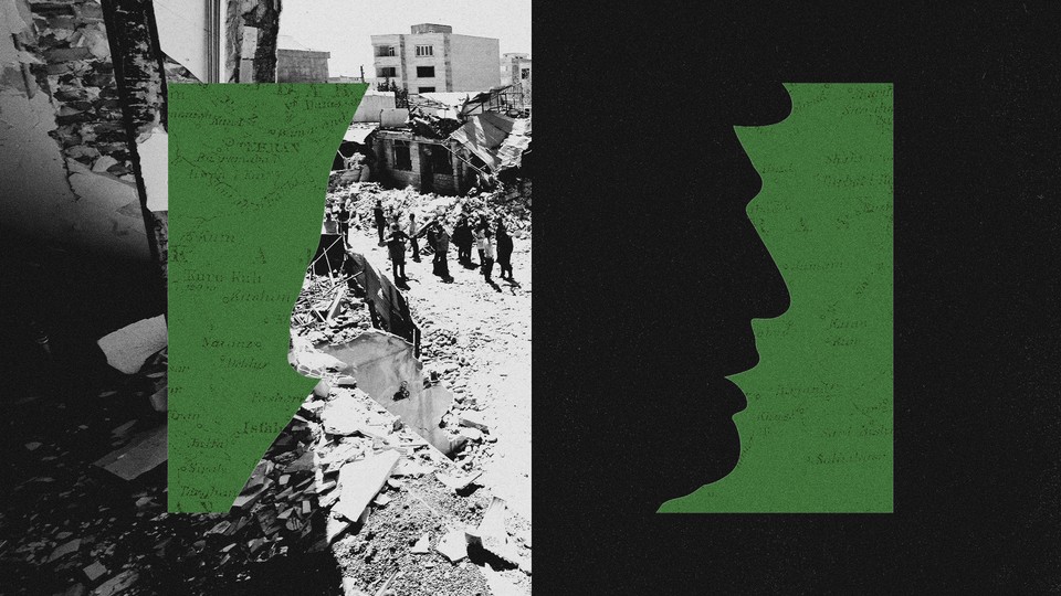 Illustration with black-and-white photograph of people walking through bombed buildings, a black silhouette of Donald Trump’s side profile, and an old map