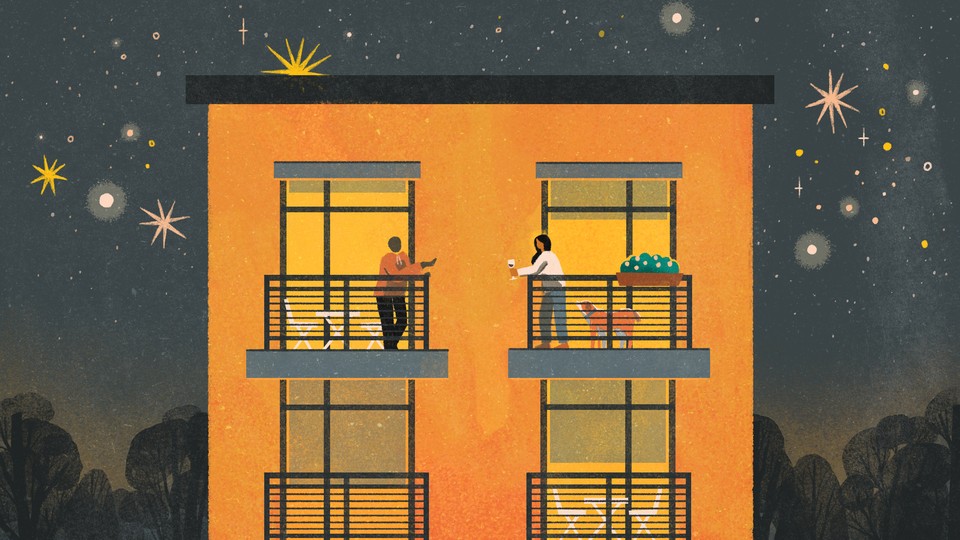 An illustration of the two friends chatting on their balconies at night