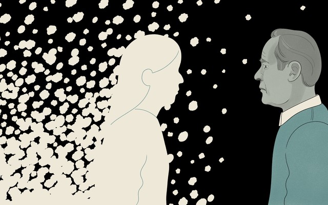 An illustration of a man looking at a woman who is falling into pieces.
