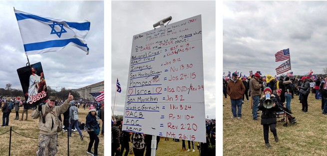 A flag of Israel and a sign with Bible verses describing American current events