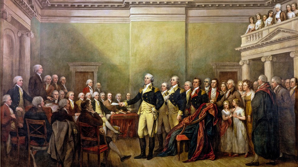 George Washington stands in the middle of a crowded room, resigning his military commission to Congress.