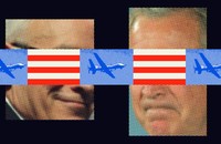Illustration of faces, planes, and red and white stripes.
