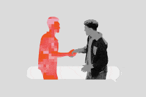 An animated illustrated GIF of a man shaking hands with a silhouette of moving pixels