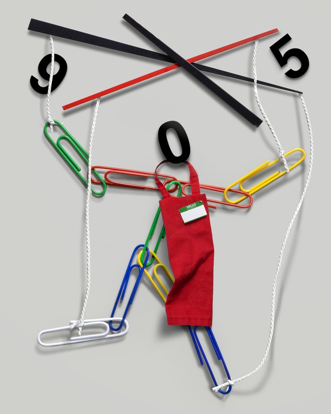 Marionette made of paperclips and the hands of a clock.