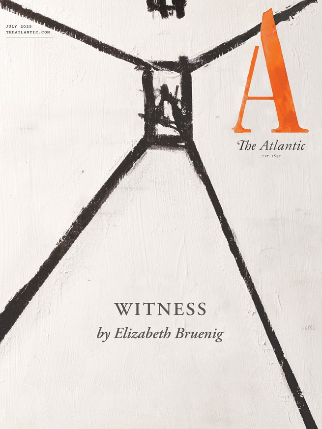 image of July 2025 Atlantic cover with abstract painting of black lines on white background and red "A" logo