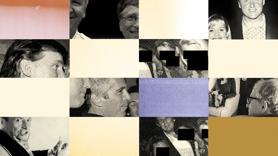 Collage of colored squares and black-and-white photographs of Bill Gates, Woody Allen, Donald Trump and young women with redacted faces