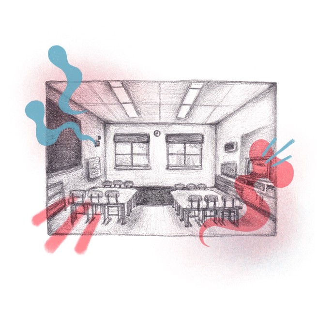a classroom scene drawn in pencil with color accents