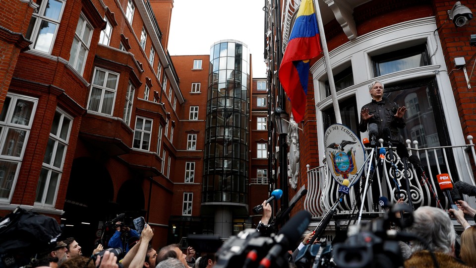 Julian Assange spoke from the balcony of the Ecuadorean Embassy in London on May 19, 2017.
