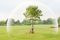 Woman reading a book by a tree, surrounded by a bubble