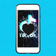 An image of an iPhone with a TikTok logo on the screen. The screen is cracked and there is a whole in the middle.