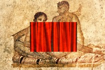 Illustration of an ancient fresco of two people having sex partially covered by a red curtain for modesty