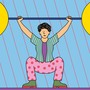 A person lifts a large barbell with smiley faces on either end.