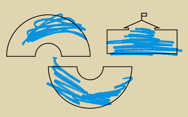 Illustration of the White House and the two chambers of Congress, colored in blue