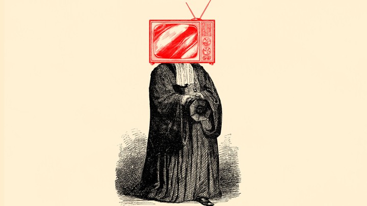 An illustration of a judge with a TV for its head.