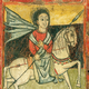 two wooden painted images linked with a cord: image of saint holding a lance and riding a horse; gilded painting of Virgin and child