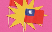 Paper cut-and-paste craft showing a Chinese flag, a yellow bang icon, and the Taiwanese flag.