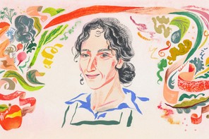 Tamar Adler surrounded by flourishing hand drawn scraps