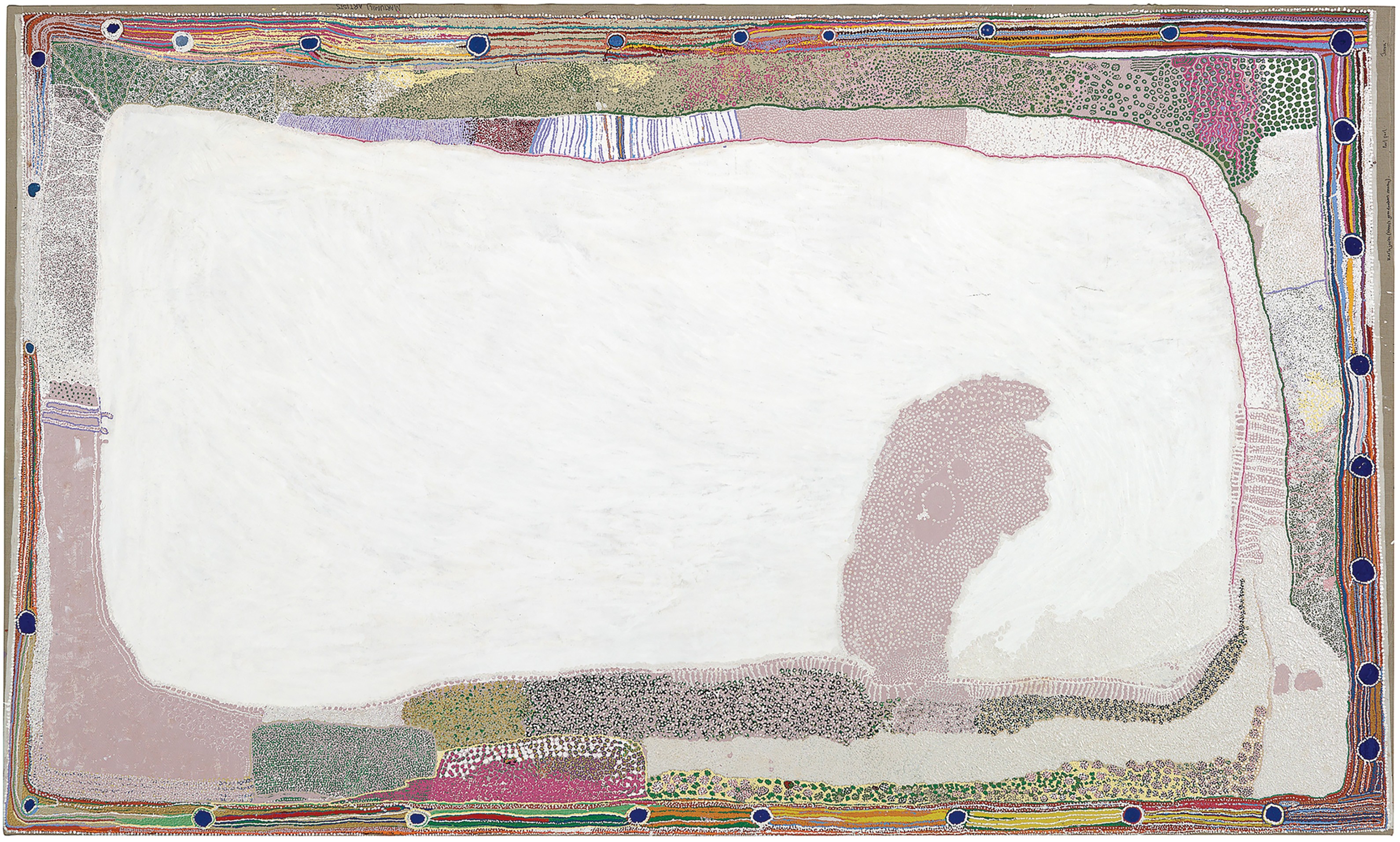 large abstract painting with large central white shape surrounded by various patches of multicolor dots 