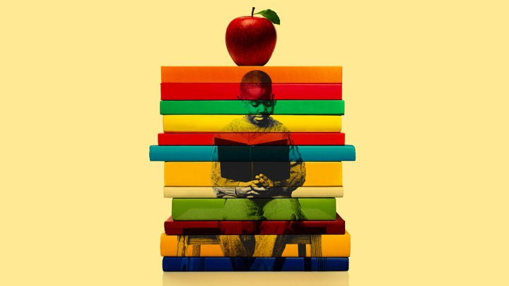 A photo of a young black student, reading a book, is overlaid on an image of a stack of books with an apple on top