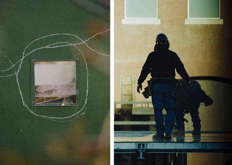 Diptych of a square window into a construction site and two men working on a building